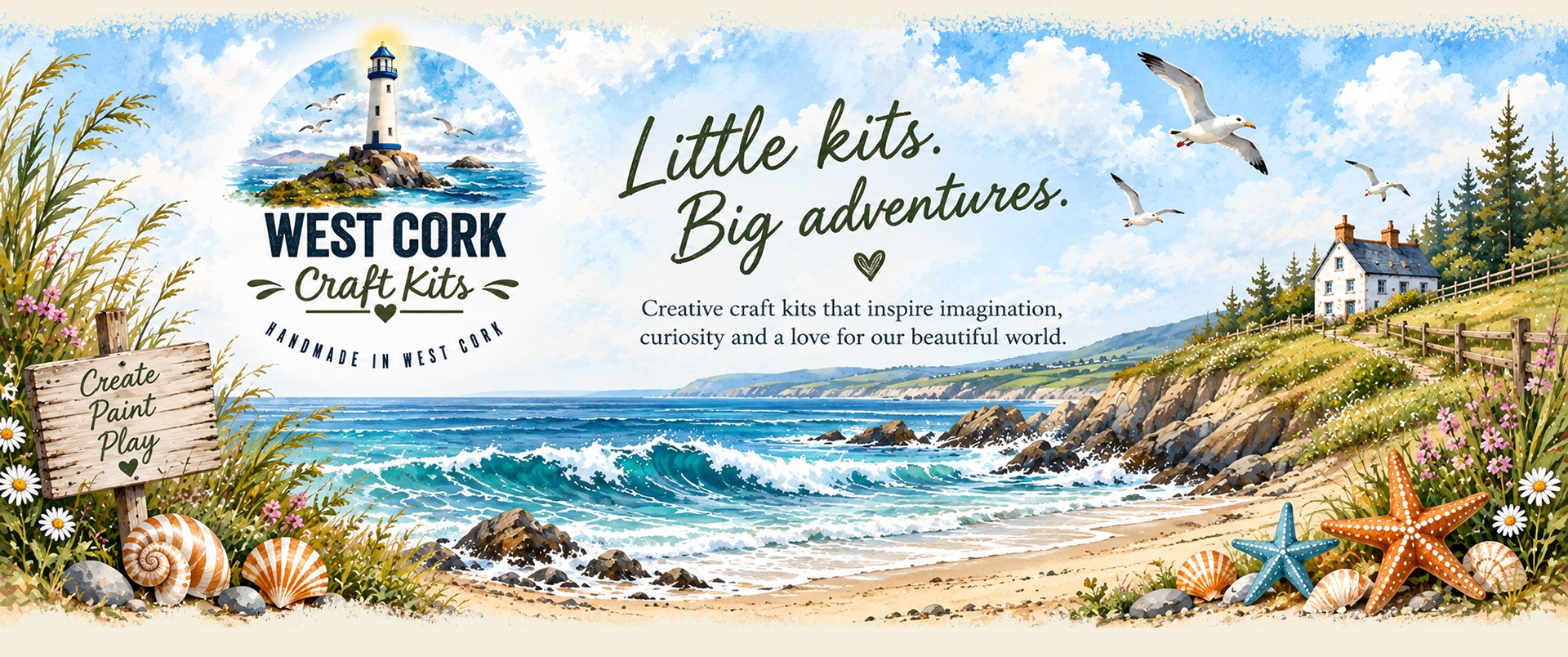 West Cork Craft Kits — Little kits, big adventures. Creative craft kits that inspire imagination, curiosity and a love for our beautiful world. A watercolour scene of the West Cork coastline with a lighthouse, cottage, waves, shells and starfish.