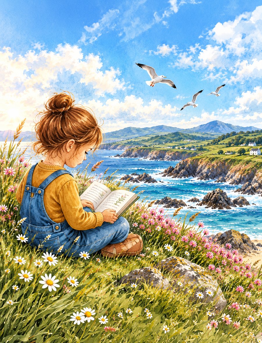 A child reading a storybook on the West Cork coastline, with gulls flying over the cliffs and sea
